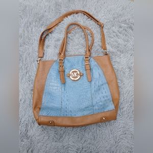 Madi Claire Blue and Brown Leather Tote Bag With Crossbody Strap